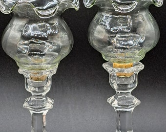 Vintage Clear Glass Ruffle Scallop Edge Swirl Line Votive Candle Holders with Peg Glassware Collectables Home Decor Replacements Set of 2