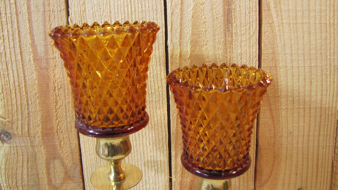 HOME INTERIOR AMBER GLASS DIAMOND PT VOTIVE CANDLE HOLDERS W/GROMMETS SET /2