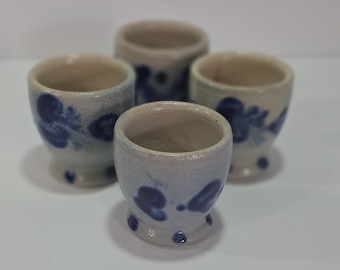 Sake Cups Salt Glaze Pottery Set of 4 Collectable Colbalt Blue
