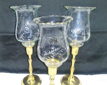 Vintage Clear Glass Candle Holders Etched Pattern Around Center of Cups 1970s Replacement Stylish Home Decor Accents set of 3