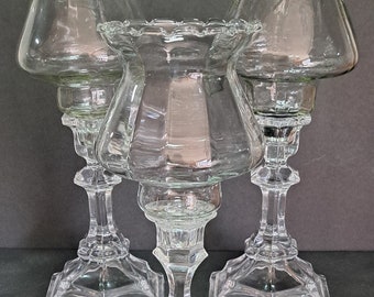 Vintage Clear Glass Notch Top Edge Line Votive Candle Holders with Peg Glassware Collectables Home Decor Replacements Set of 3