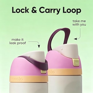 May include: Two pink and beige water bottle lids with a purple carry loop. The lids have a white top and a yellow base. Text on the image reads "Lock & Carry Loop", "make it leak proof", and "take me with you".
