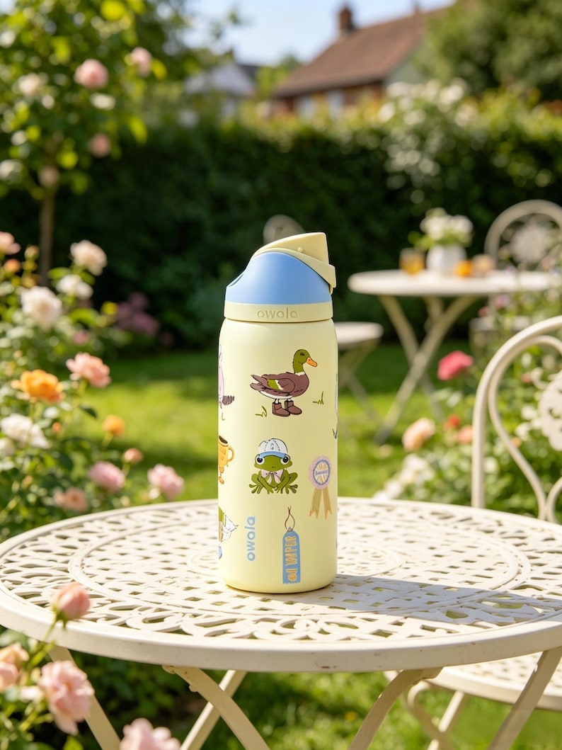 May include: A yellow Owala water bottle with a blue and yellow lid, decorated with cartoon animal stickers. The stickers include a duck, frog, and a coffee cup. The bottle is sitting on a white metal table in a garden setting.