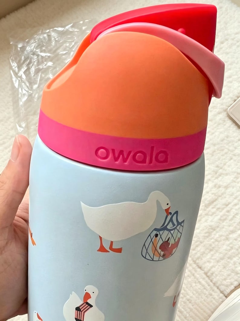 K&ouml;nnte beinhalten: Eine hellblaue Owala-Trinkflasche mit einem wiederkehrenden Muster aus wei&szlig;en G&auml;nsen. Eine Gans tr&auml;gt ein blaues Netz mit Lebensmitteln. Die Flasche hat einen leuchtend orangefarbenen und rosafarbenen Deckel mit Tragegriff und Markennamen.