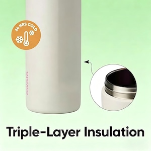 May include: A white insulated water bottle with a pink logo and a circular graphic indicating 24 hours cold. The bottle has a stainless steel rim and the text "Triple-Layer Insulation".