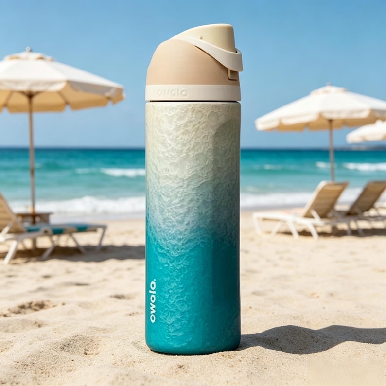 Op de afbeelding: Een roestvrijstalen waterfles met een textuurontwerp ge&iuml;nspireerd op de oceaan. De fles heeft een kleurengradient van beige naar wit en vervolgens naar turquoise. Het woord "owala" staat op de zijkant.