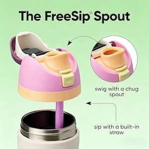 Op de afbeelding: Close-up van een waterflesdop met de tekst "The FreeSip Spout". De dop is roze, perzik en wit, met een ingebouwd rietje. De afbeelding toont ook een afzonderlijke weergave van de tuit, met de tekst "swig with a chug spout" en "sip with a built-in straw".