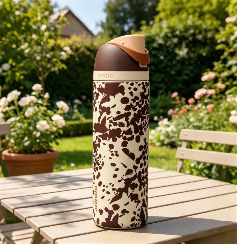 May include: A stainless steel Owala water bottle with a brown and cream cow print design. The bottle has a brown top with a tan handle and a white band. The bottle is sitting on a wooden table in a garden setting.