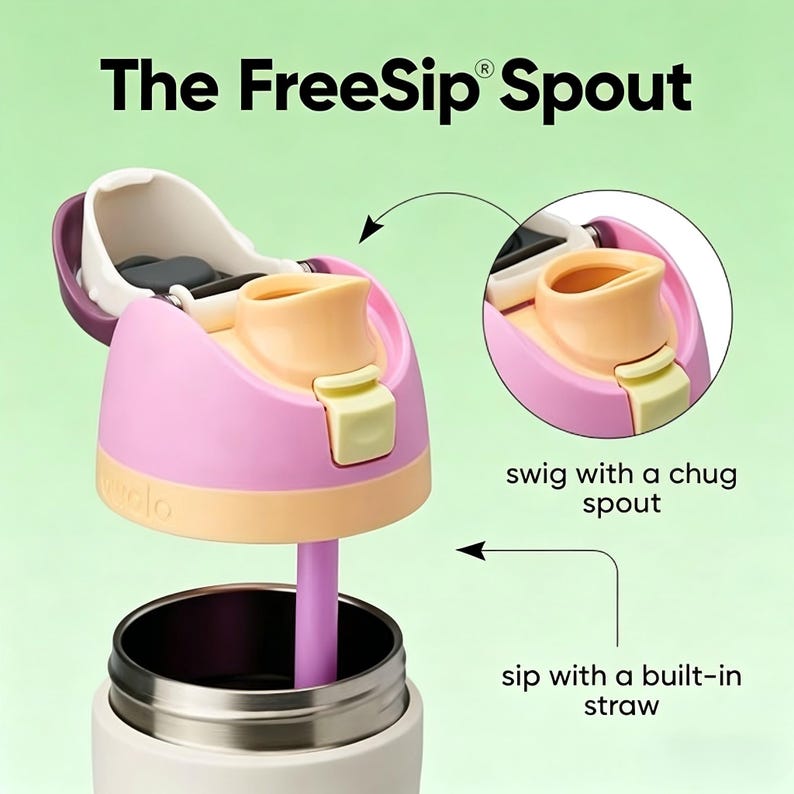 May include: Close-up of a water bottle lid with the text "The FreeSip Spout". The lid is pink, peach, and white, with a built-in straw. The image also shows a separate view of the spout, with the text "swig with a chug spout" and "sip with a built-in straw".