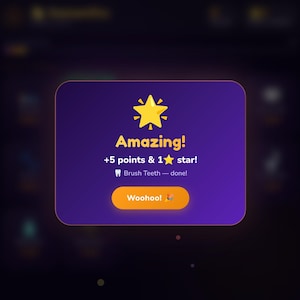 May include: A digital graphic with a purple background and a rounded rectangle. The rectangle contains the word "Amazing!" and the text "+5 points & 1 star!" with a gold star icon. The text "Brush Teeth - done!" is also present.