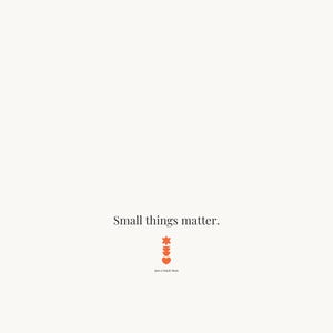 Puede incluir: Un dise&ntilde;o minimalista con la frase &laquo;Small things matter&raquo; en fuente serif. Debajo, tres formas naranjas: una estrella, una estrella de cuatro puntas y un coraz&oacute;n. El fondo es de color beige claro.