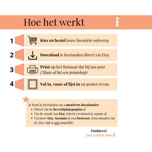 Puede incluir: Gr&aacute;fico color melocot&oacute;n con el texto "Hoe het werkt" y pasos numerados para pedir y descargar un producto. Las instrucciones incluyen elegir un dise&ntilde;o, descargar de Etsy, imprimir y usar el producto.