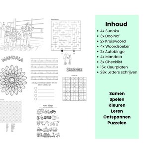Vakantie Doeboek (NL) para niños de 4 a 12 años con puzles, platos de colores y carteles impresos A4 imagen 2