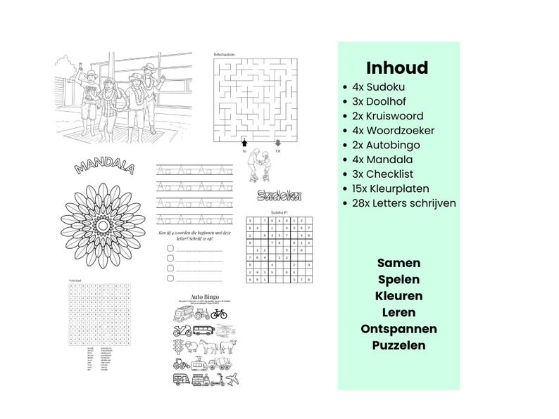 Vakantie Doeboek (NL) para niños de 4 a 12 años con puzles, platos de colores y carteles impresos A4 imagen 2