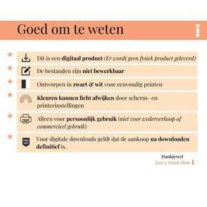 Puede incluir: Gr&aacute;fico color melocot&oacute;n con el texto "Goed om te weten" y vi&ntilde;etas que detallan la informaci&oacute;n del producto digital. Incluye texto sobre la edici&oacute;n de archivos, dise&ntilde;o en blanco y negro, variaciones de color, uso personal y venta final.