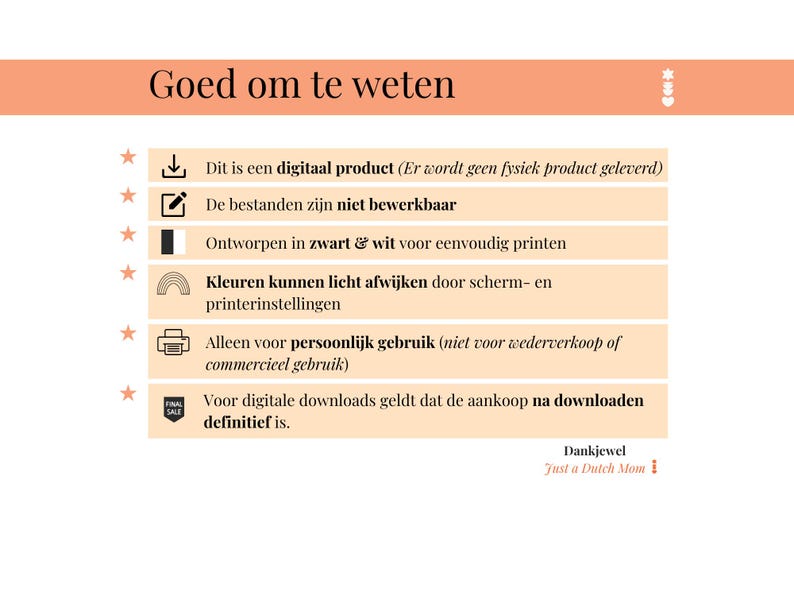 Puede incluir: Gr&aacute;fico color melocot&oacute;n con el texto "Goed om te weten" y vi&ntilde;etas que detallan la informaci&oacute;n del producto digital. Incluye texto sobre la edici&oacute;n de archivos, dise&ntilde;o en blanco y negro, variaciones de color, uso personal y venta final.