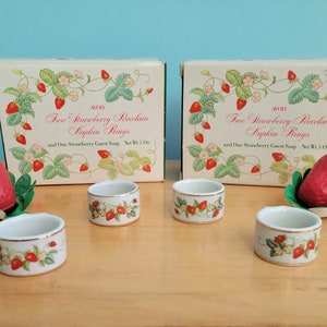 2 Sets of Avon 1978 Vintage Strawberry Porcelain Napkin Rings and Guest Soap, New in Box image 1