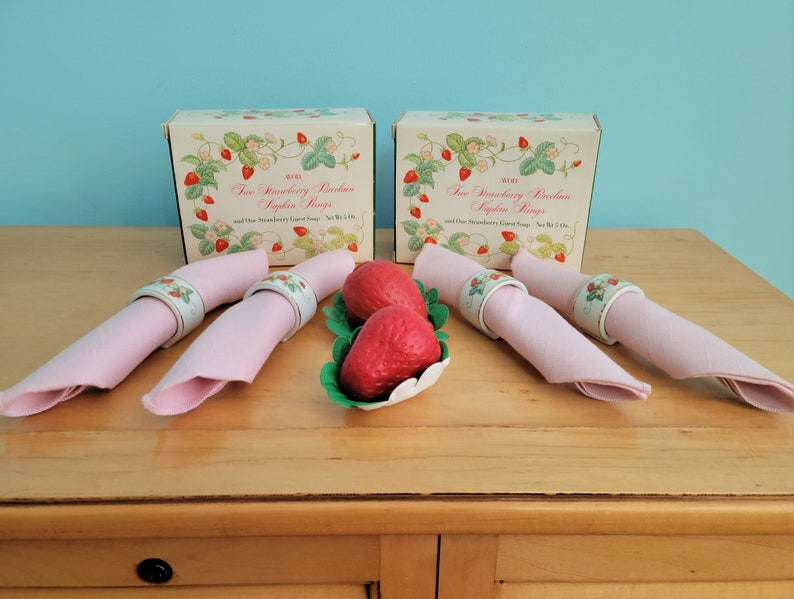 2 Sets of Avon 1978 Vintage Strawberry Porcelain Napkin Rings and Guest Soap, New in Box image 6