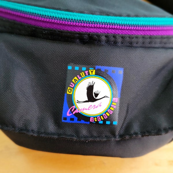 Vintage Fanny Pack Quality Camera Accessories, Black with Teal and Purple Zippers