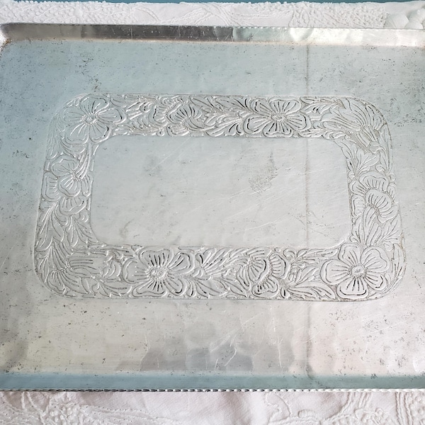 Large Aluminum Tray with Floral Intaglio Design by EMPC, Forged Aluminum