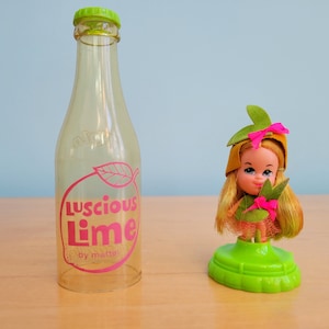 Vintage 1968 Mattel Liddle Kiddle Doll &quot;Luscious Lime&quot; Kola Kiddle and Bottle , very good condition