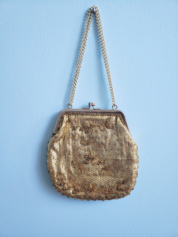 Vintage 1960s Beaded Gold Handbag, Kiss Lock Clasp, Handmade  display picture 2