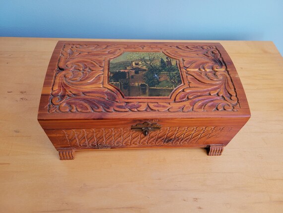 Vintage 1940s Carved Wooden Jewelry Box with Mirr… - image 1