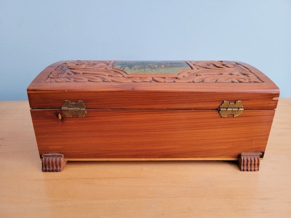 Vintage 1940s Carved Wooden Jewelry Box with Mirr… - image 7