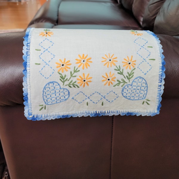 Pair of Vintage Hand Embroidered Arm Rest Doilies, Heart and Flower Design on White linen