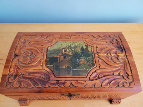 Vintage 1940s Carved Wooden Jewelry Box with Mirr… - image 2