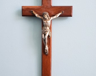 Vintage 1940s  12" INRI Wood and Brass Cross/Crucifix of Jesus Christ the Messiah, Christian Wall Decor