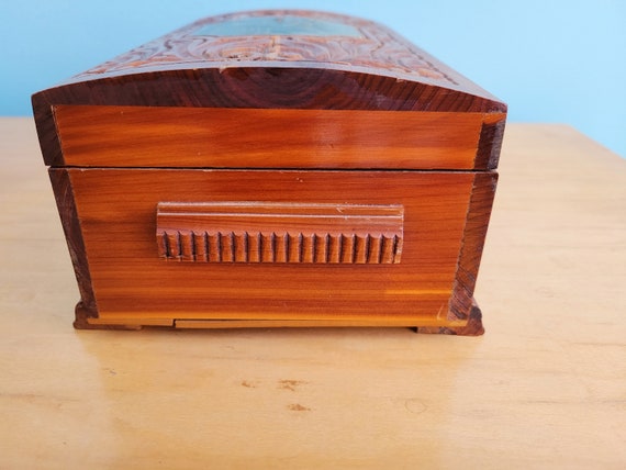 Vintage 1940s Carved Wooden Jewelry Box with Mirr… - image 6