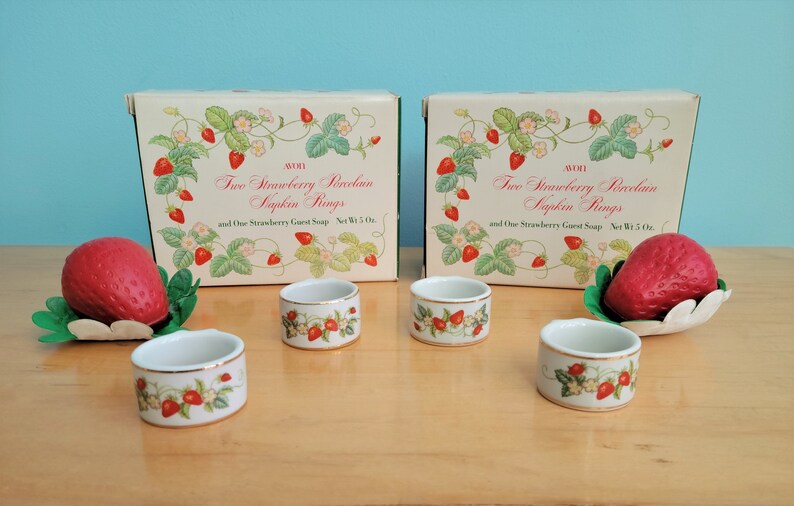 2 Sets of Avon 1978 Vintage Strawberry Porcelain Napkin Rings and Guest Soap, New in Box image 1