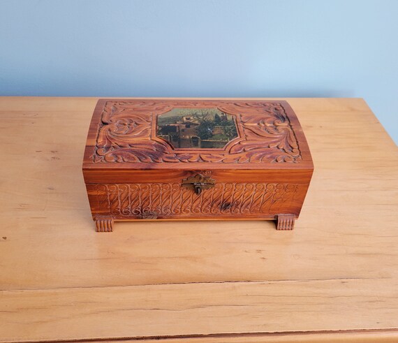 Vintage 1940s Carved Wooden Jewelry Box with Mirr… - image 8