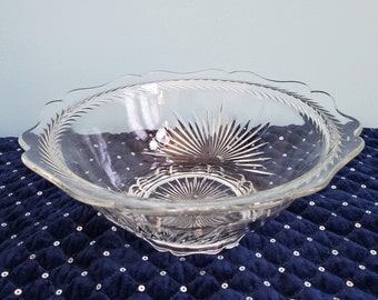 Vintage 1950s Crystal Pressed Large Bowl Center Piece/Fruit, with Fan Design on Two Sides, A Gadroon Design and Curved Scalloped Edge