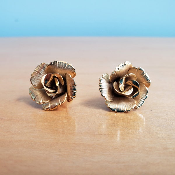 Vintage 1950s Lisner Costume Jewelry Gold Roses, Clip-On Back Earrings in Goldtone