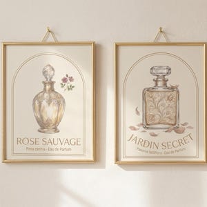 Vintage Perfume Botanical Prints Set of 3, Minimalist Beige Wall Art, French Country Gallery, Printable Bathroom Decor