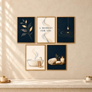 Navy Blue Bathroom Wall Art Set of 5, Beige Gold Spa Prints, Relaxing Bath Quote, Botanical Bathroom Gallery, Digital Download