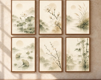 May include: A set of six framed wall art prints featuring watercolor-style illustrations of nature scenes, including lotus flowers, magnolia blossoms, tall grasses, ginkgo leaves, flowering branches, and bamboo stalks in muted green and beige tones.