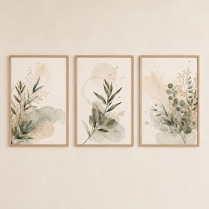 Botanical Wall Art Set of 3, Sage Green Gold Prints, Neutral Japandi Decor, Abstract Printable Art, Digital Download
