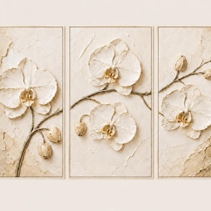 May include: A triptych wall art set featuring three vertical panels with raised, textured white orchid flowers and buds on a beige, plaster-like background. Each panel displays detailed floral stems and petals with subtle gold-toned centers.