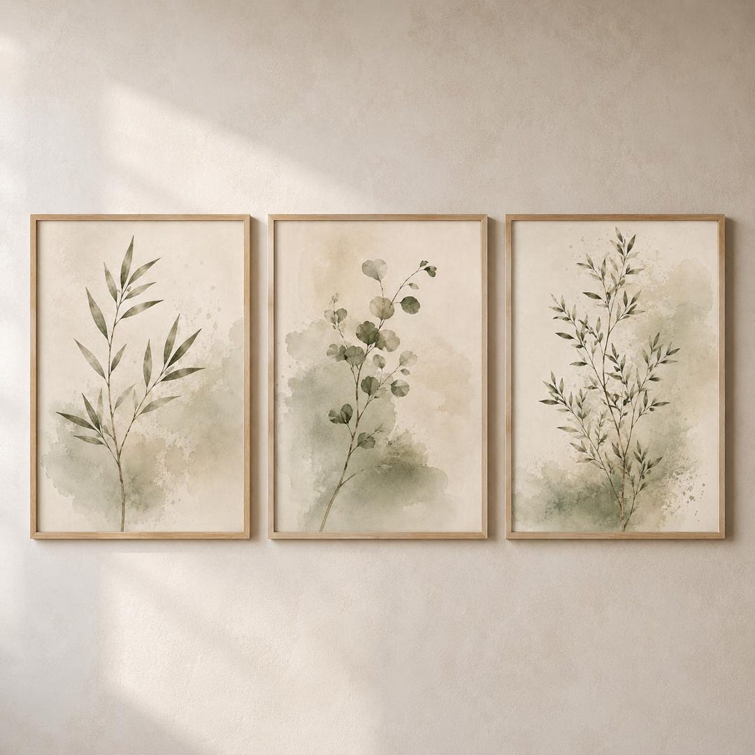 Japandi Leaf Prints Set of 3, Sage Green Botanical Wall Art, Minimalist ...
