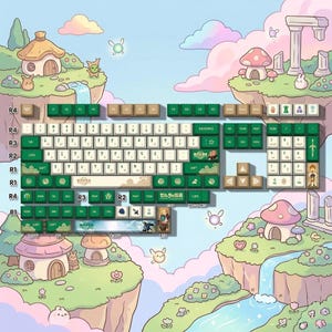 Könnte beinhalten: Eine mechanische Custom-Tastatur mit Tasten in Grün-, Beige- und Brauntönen. Die Tastenkappen zeigen japanische Schriftzeichen und thematische Grafiken. Die Tastatur befindet sich vor einem skurrilen, illustrierten Hintergrund mit schwebenden Inseln und Cartoon-Elementen.