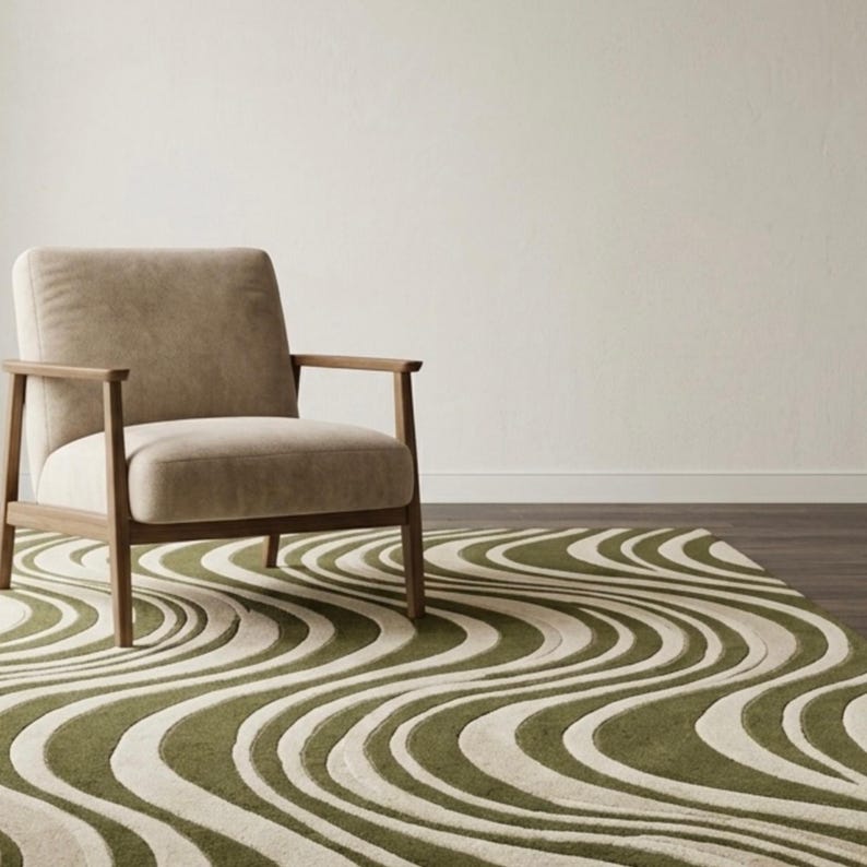 Olive Green Wave Rug, Modern Abstract Area Rug, Hand Tufted Wool Carpet ...