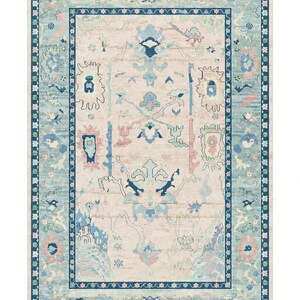 May include: Rectangular area rug with a light beige center and a border in shades of blue and teal. The rug features a detailed, ornate pattern with floral and geometric elements in blue, pink, and teal.