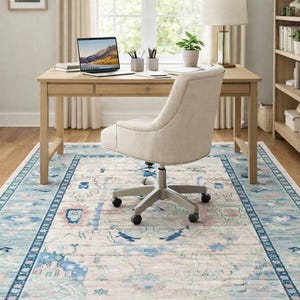 May include: A light-colored home office setup featuring a wooden desk with a laptop, pens, and a small potted plant. A beige office chair sits on a patterned rug with blue and pink accents. A bookshelf and window are in the background.