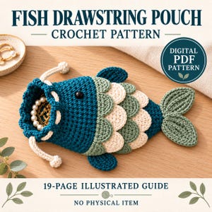 May include: A fish-shaped drawstring pouch crochet pattern featuring a teal, sage green, and cream colour scheme with a scalloped scale design, a black eye, and a tail. The text reads FISH DRAWSTRING POUCH CROCHET PATTERN, DIGITAL PDF PATTERN, and 19-PAGE ILLUSTRATED GUIDE.