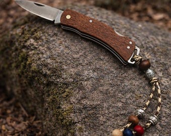 Handmade Wood Handle Pocket Knife, Forged Steel Blade, Beaded Lanyard, Leather Sheath