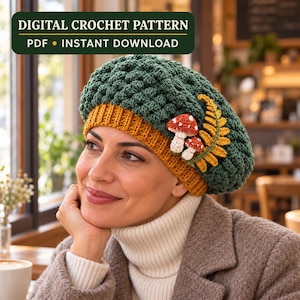 Mushroom Beret Crochet Pattern, Digital PDF for a 54–58 cm Adult Fit