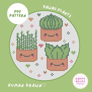 Peut inclure: Un motif de point de croix représentant trois plantes kawaii dans des pots en terre cuite avec des visages souriants. Le motif comprend le texte "PDF PATTERN", "KAWAII PLANTS" et "HUMAN DRAWN". Le fond est vert clair.